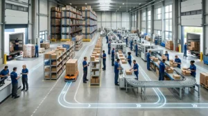 Escena operativa que muestra compras, inventario, producción y ventas conectados en una misma cadena de suministro con ERP.