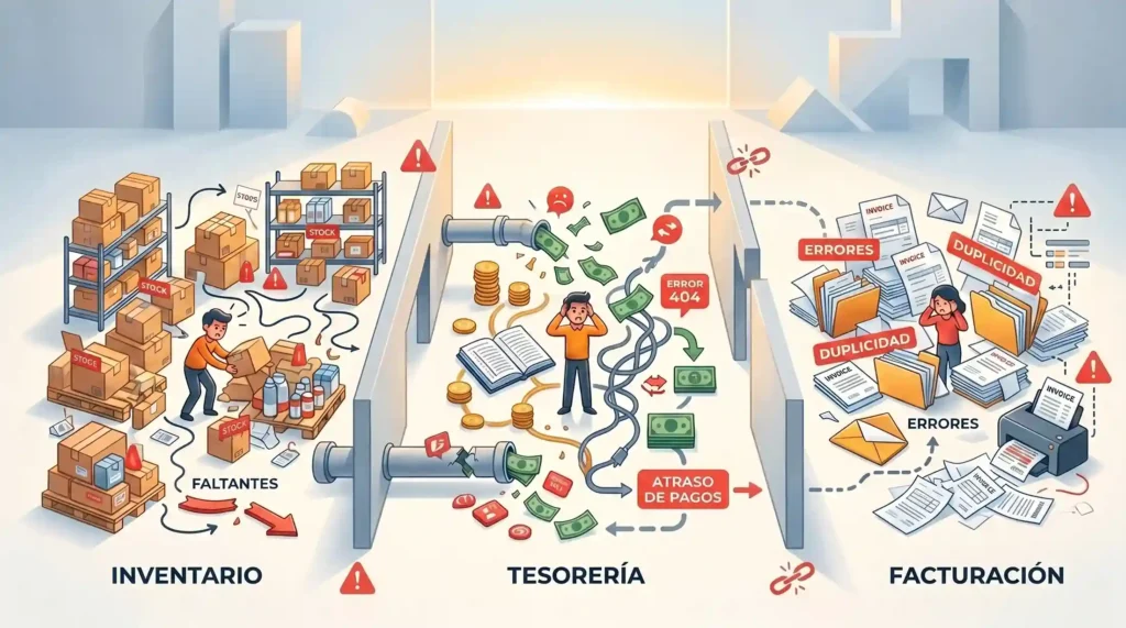 Representación visual de inventario, tesorería y facturación desconectados que muestra los problemas de no integrar procesos en una empresa.