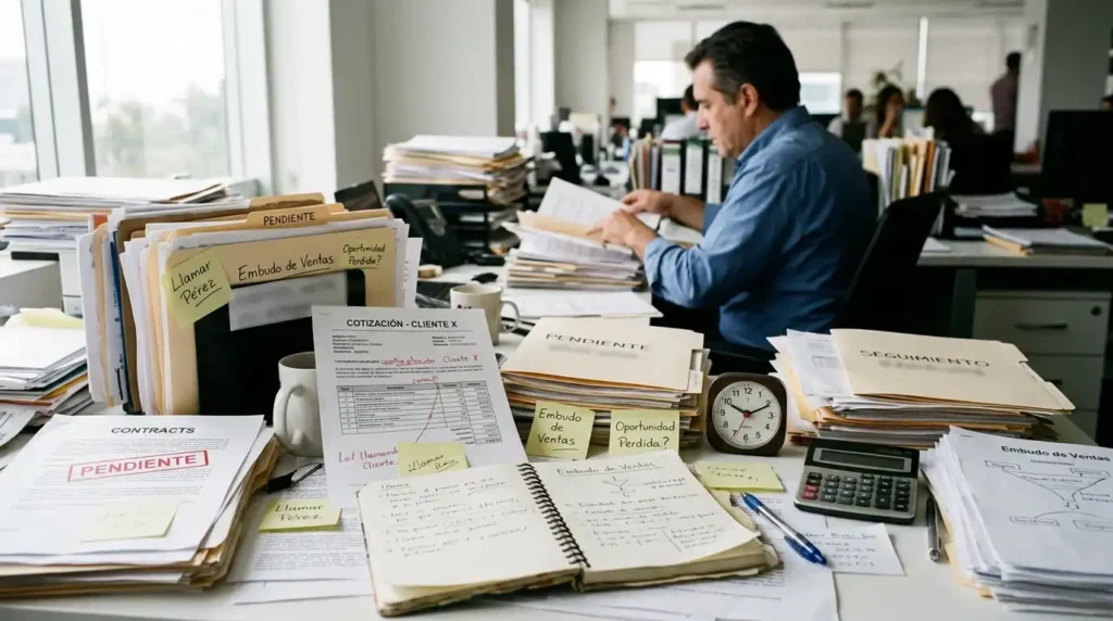 Escritorio comercial desordenado con cotizaciones y documentos pendientes que representa el costo de no digitalizar ventas.