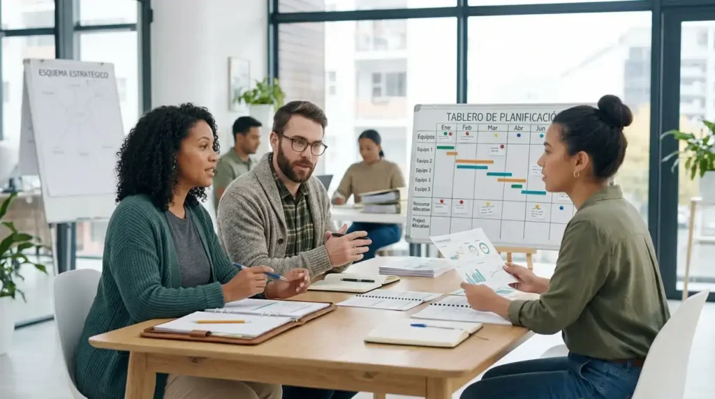 Equipo de una empresa de servicios revisando avance, costos y rentabilidad de proyectos para crecer de forma escalable.