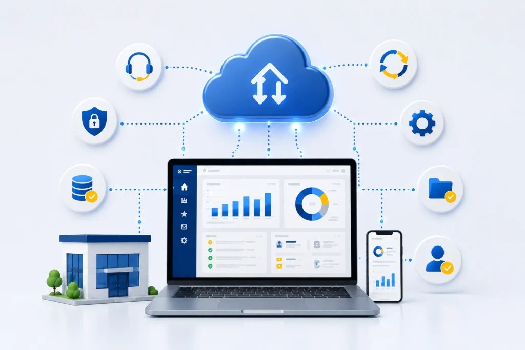 ERP en la nube con soporte externo, seguridad y actualizaciones automáticas para operar sin un equipo interno de TI.