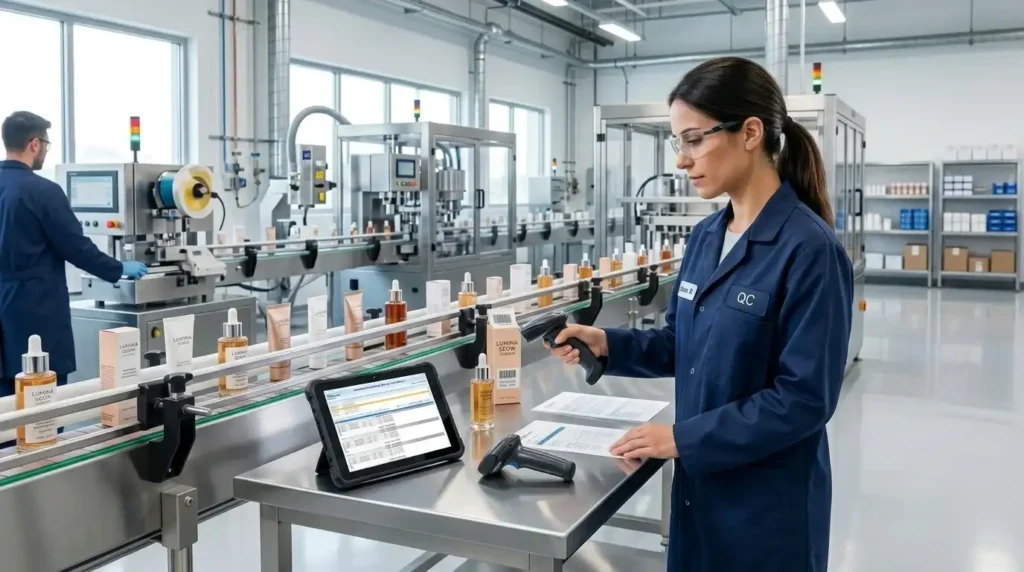 Supervisora verificando trazabilidad y control de productos en una operación de industria cosmética con enfoque en NSO.