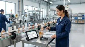 Supervisora verificando trazabilidad y control de productos en una operación de industria cosmética con enfoque en NSO.