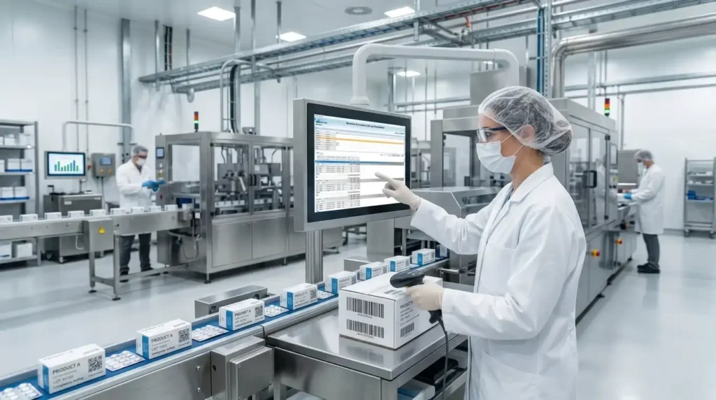 Profesional de la industria farmacéutica verificando trazabilidad y cumplimiento en una línea de producción de medicamentos.