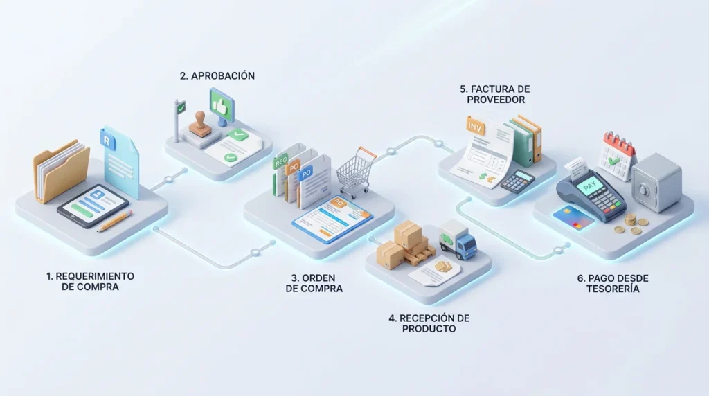 Flujo 3D de compras y tesorería conectado desde el requerimiento hasta el pago en una plataforma ERP.