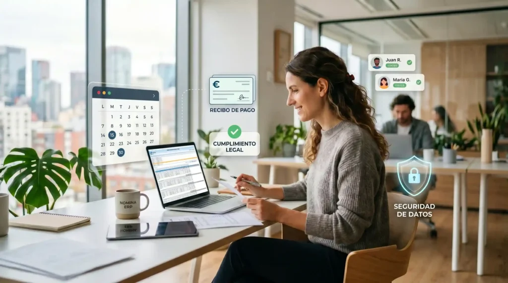 Profesional de nómina gestionando pagos, empleados y cumplimiento laboral desde una plataforma ERP automatizada.