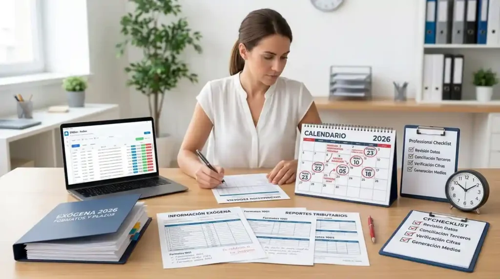 Documentos tributarios, formatos y calendario 2026 que representan la gestión de información exógena DIAN y sus plazos.