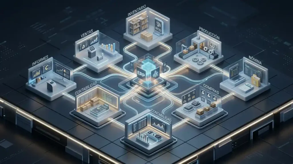 Maqueta 3D con módulos empresariales conectados a un sistema ERP central para integrar toda la operación.