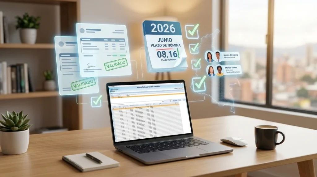 Representación digital de la nómina electrónica en Colombia con documentos validados, calendario 2026 y procesos automatizados.