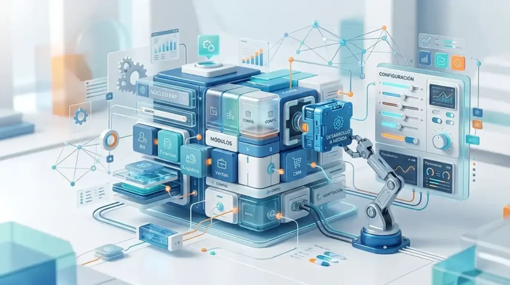 Elemento 3D de módulos empresariales en configuración que representa la personalización y desarrollo a medida de un ERP.