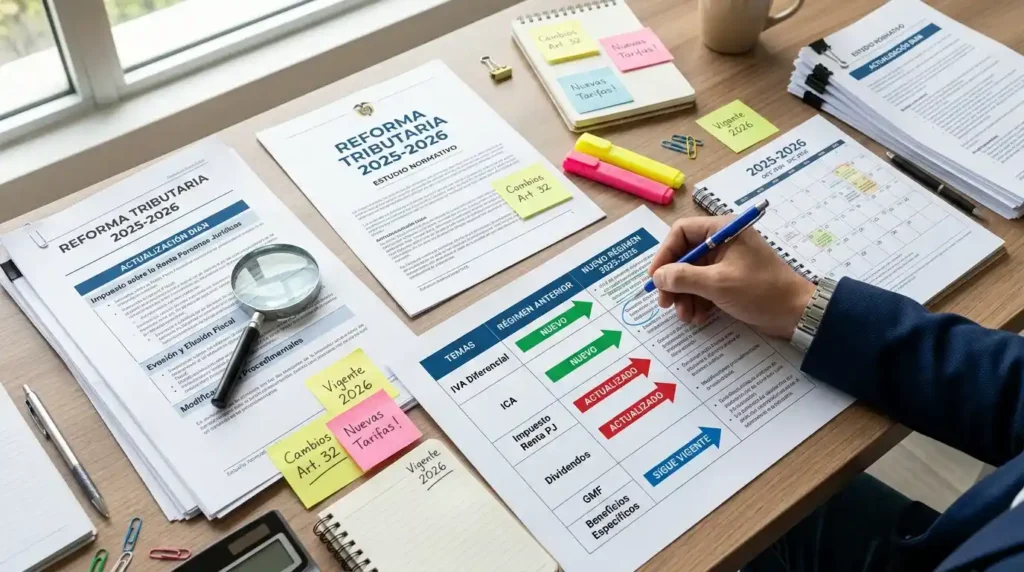 Mesa de análisis con documentos, calendario 2025-2026 y elementos comparativos sobre reforma tributaria en Colombia.