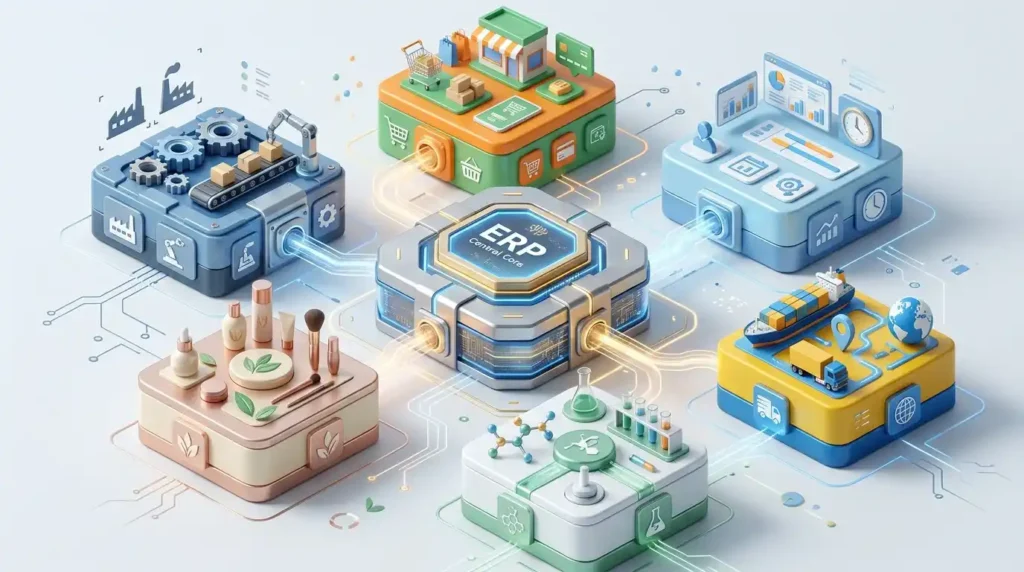 Elemento 3D con módulos de distintas industrias conectados a una plataforma central de software de gestión empresarial.