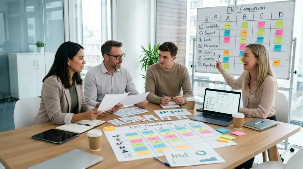 Equipo empresarial evaluando criterios para elegir un software ERP adecuado para una empresa mediana.