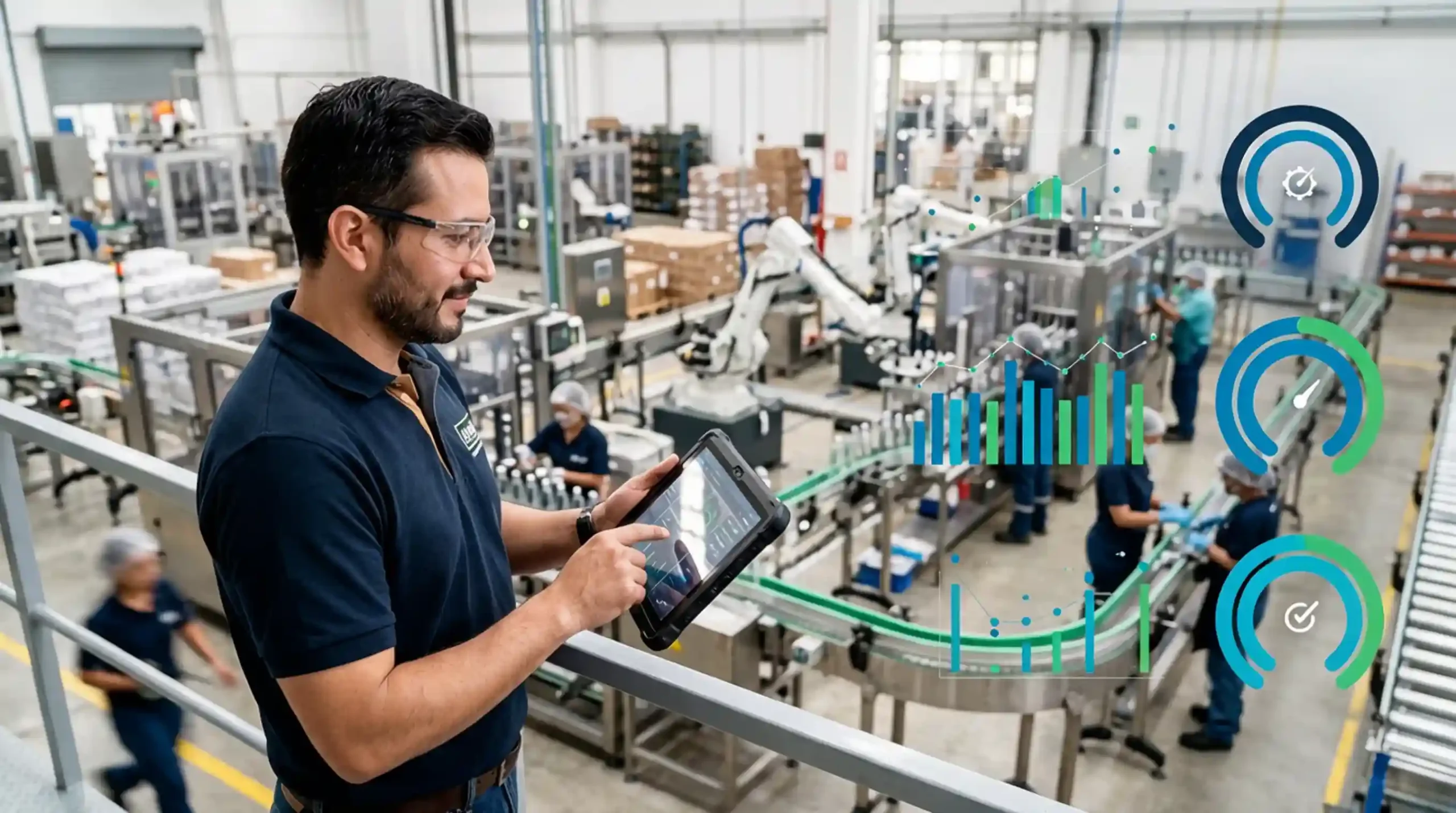 Panel de indicadores de producción y OEE en planta de manufactura de empresa mediana