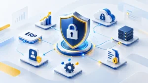 Ilustración 3D de ciberseguridad para ERP, con un escudo y candado centrales conectados a iconos de nube, servidor, usuario, documentos y analítica.