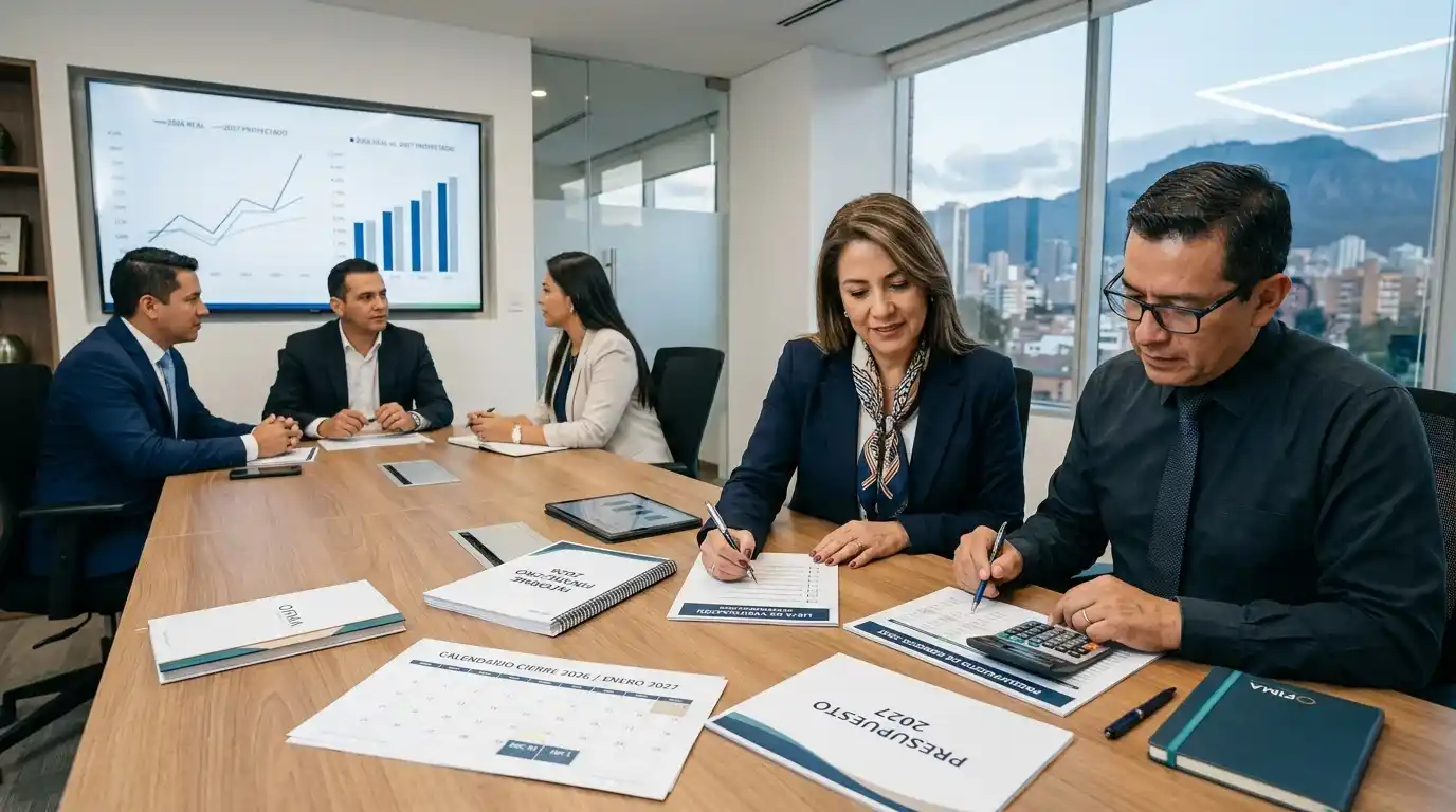 CFO y comité directivo de empresa mediana colombiana revisando el cierre fiscal 2026 y el presupuesto 2027 con los cuatro cambios normativos apilados