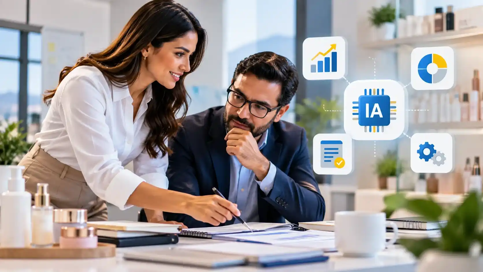 Comité directivo de empresa mediana colombiana revisando dashboards de inteligencia artificial y business intelligence sobre datos del ERP