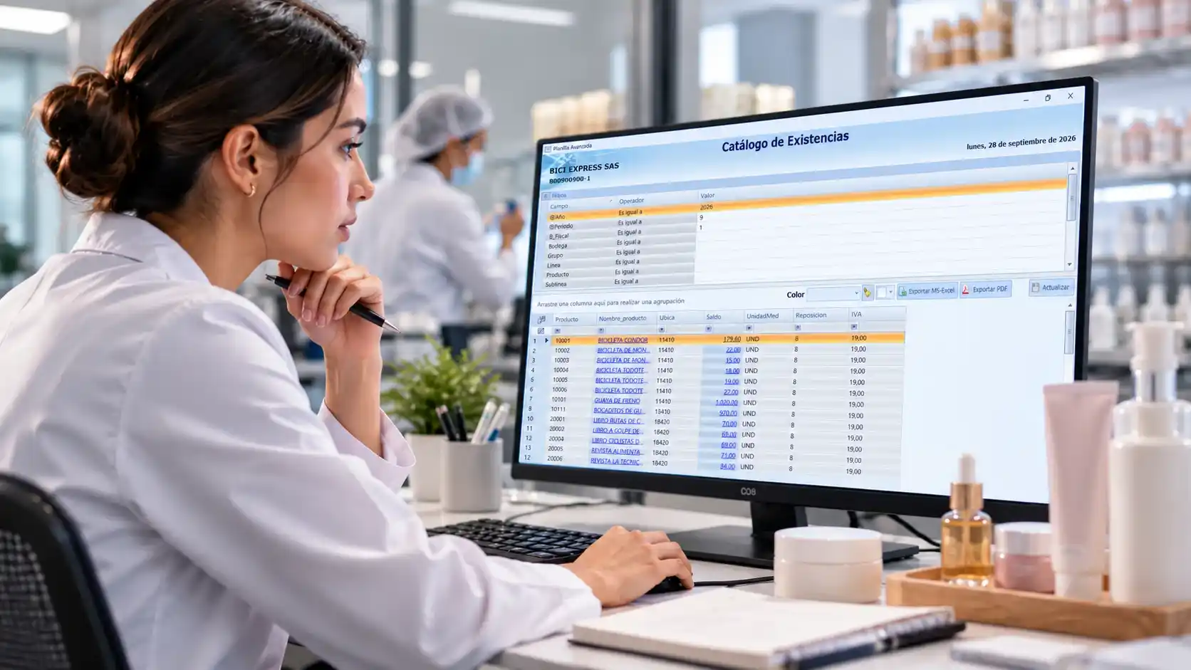 Directora técnica y gerente de producción de empresa cosmética colombiana revisando la trazabilidad de fórmula y lote en un software ERP especializado